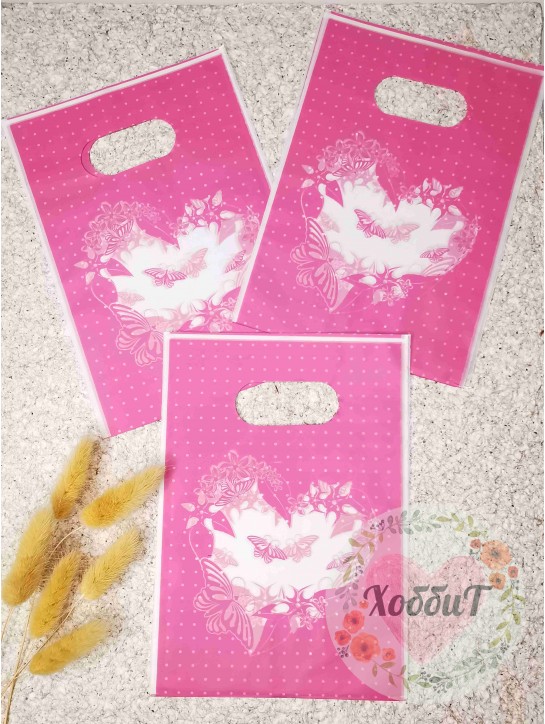 Пакеты "Бабочки" упаковочные с ручкой 13*18см. (белый/розовый)